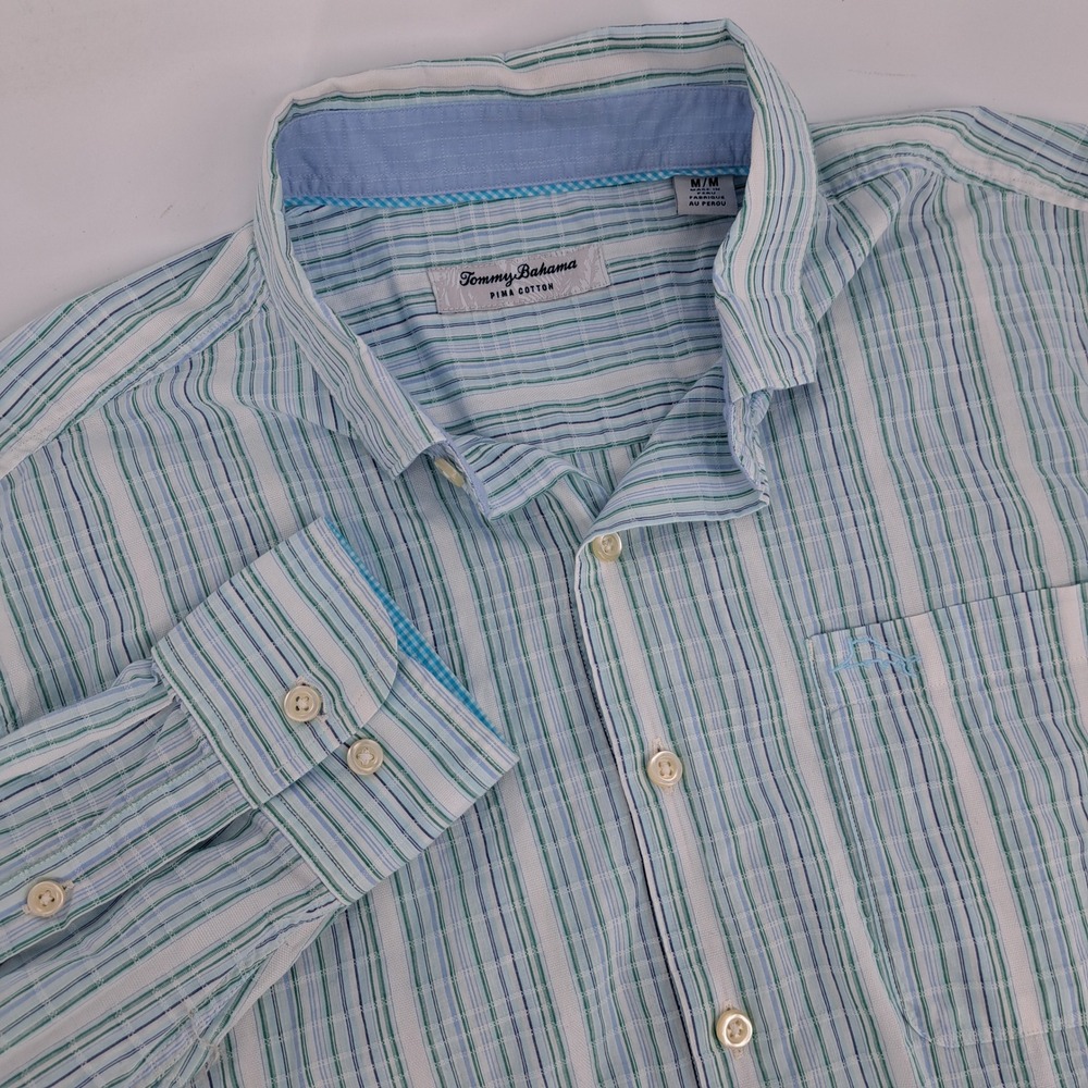 Tommy Bahama Mens M Pima Cotton Striped Long Sleeve Button Down Shirt Island